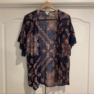 Flower-Printed, Short-Sleeve, Lace Cardigan